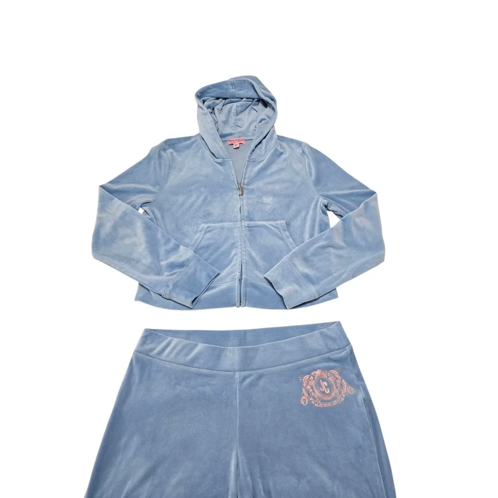 Juicy Couture Blue Velour Tracksuit Zip Hoodie Pants Set Large JC Crest Logo